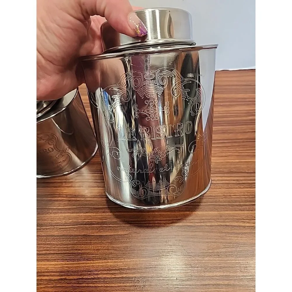 Set Of 2‎ Amici Le Bistro Etched Metal Storage Canisters Kitchen